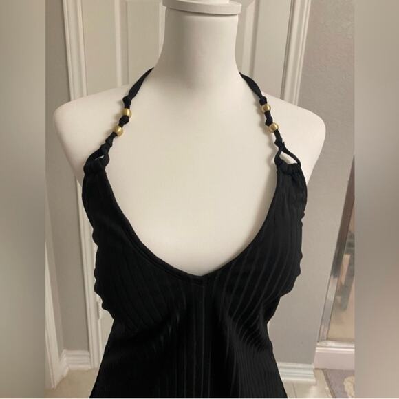 Shade & Shore Black Halter One-Piece Swimsuit Ribbed  Gold Bead Detail Size XS - Picture 3 of 7
